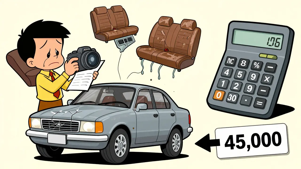 Buyer notes car defects while floating repair costs appear above vehicle.