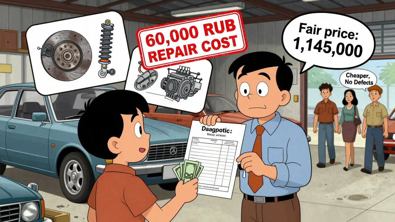 Buyer shows diagnostic report to seller, repair costs highlighted on car.