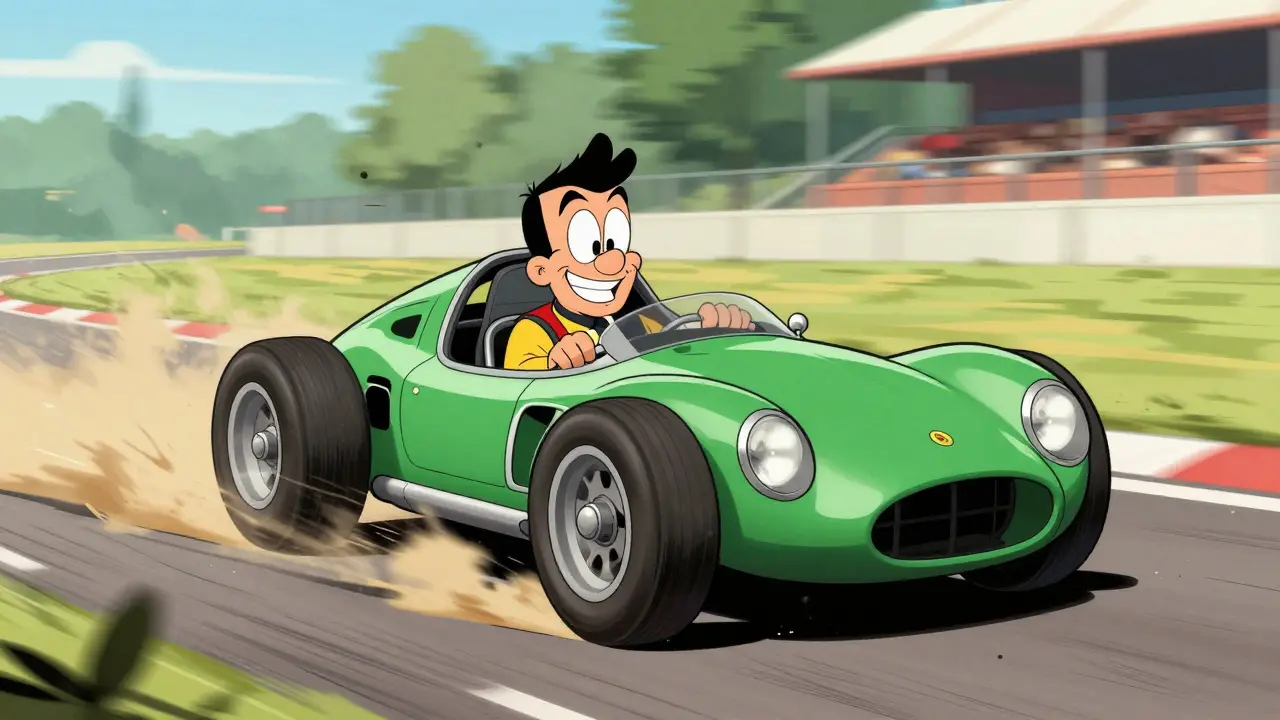 Джим Кларк на Lotus 49 обгоняет соперника на узкой трассе 1960-х, пыль и скорость.