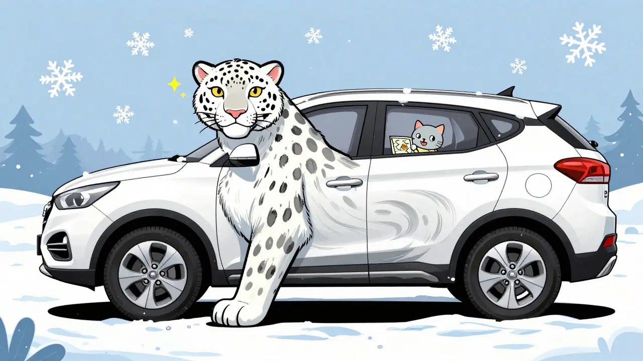 Hyundai ix35 с нарисованным снежным барсом на боку, стоит на снегу с летящими снежинками.