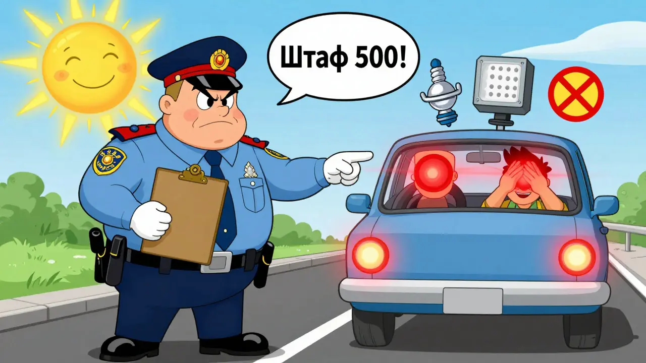 Инспектор указывает на машину с включенными задними противотуманными фонарями в солнечный день.