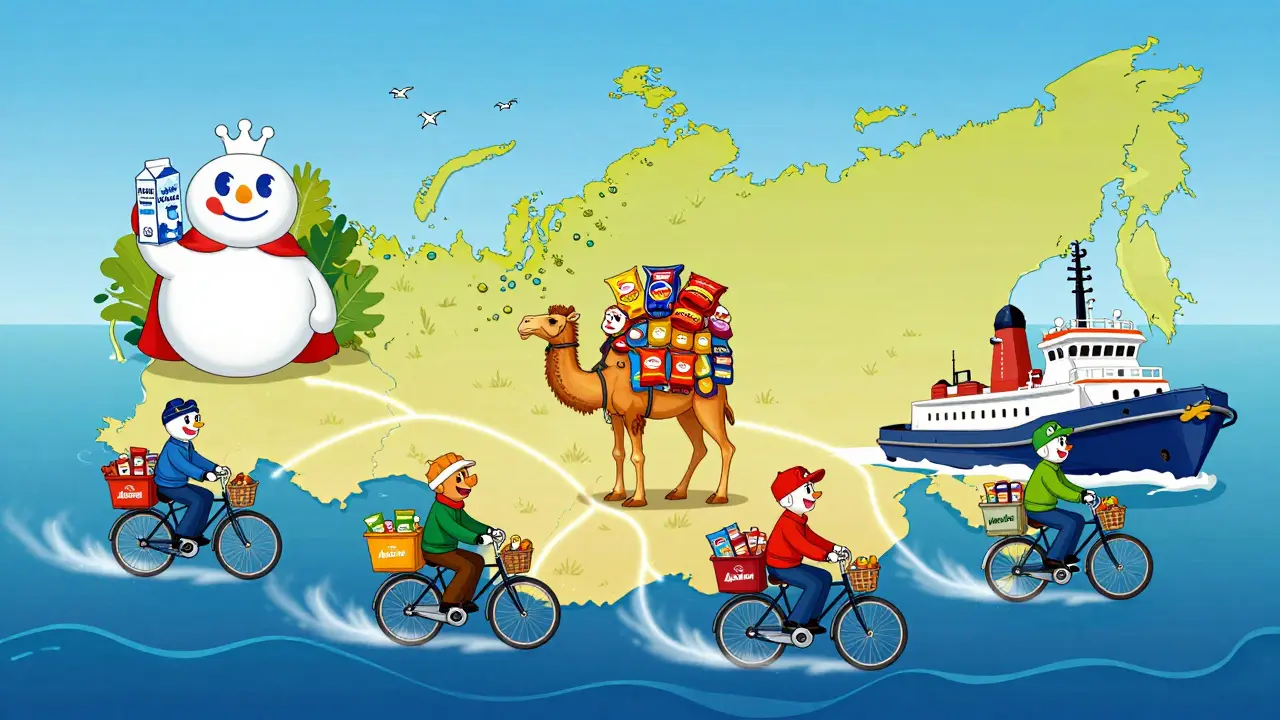 Карта России с персонифицированными регионами и дистрибьюторами, перевозящими товары на велосипедах