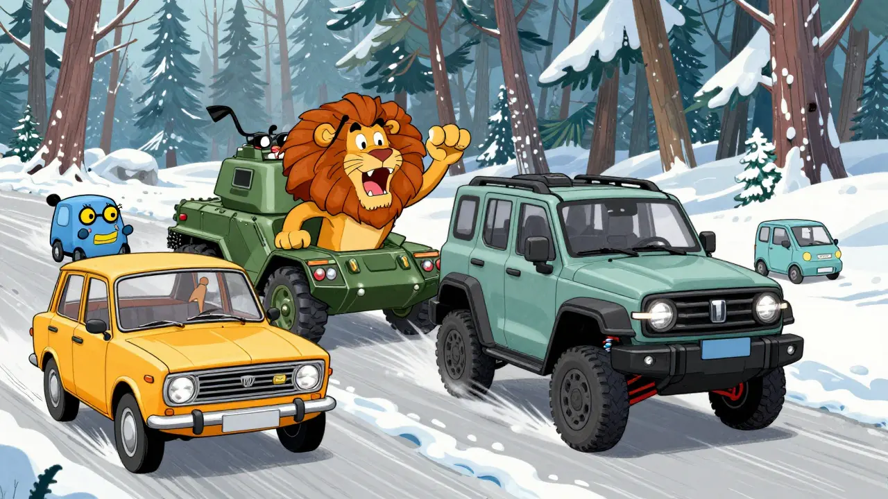 Lada Iskra, Omoda C7, Tank 400 and Jetour T1 racing through snowy forest