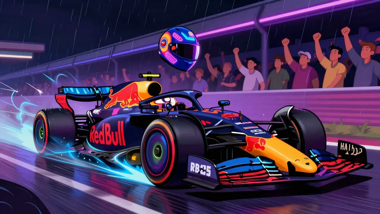 Макс Ферстаппен на Red Bull RB20 совершает финальный обгон под дождём, свечение гибридной системы.