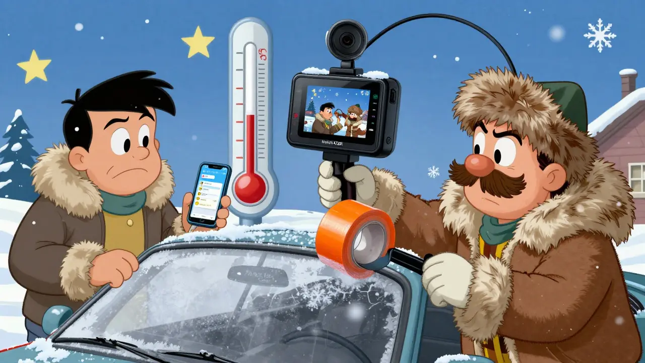 Механик крепит регистратор на лобовое стекло лентой 3M, а дешевая модель с присоской падает в снег