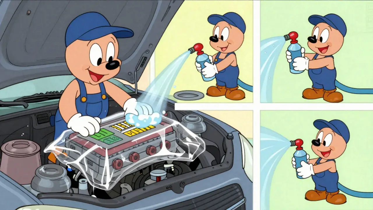 Механик накрывает электронику и смывает грязь