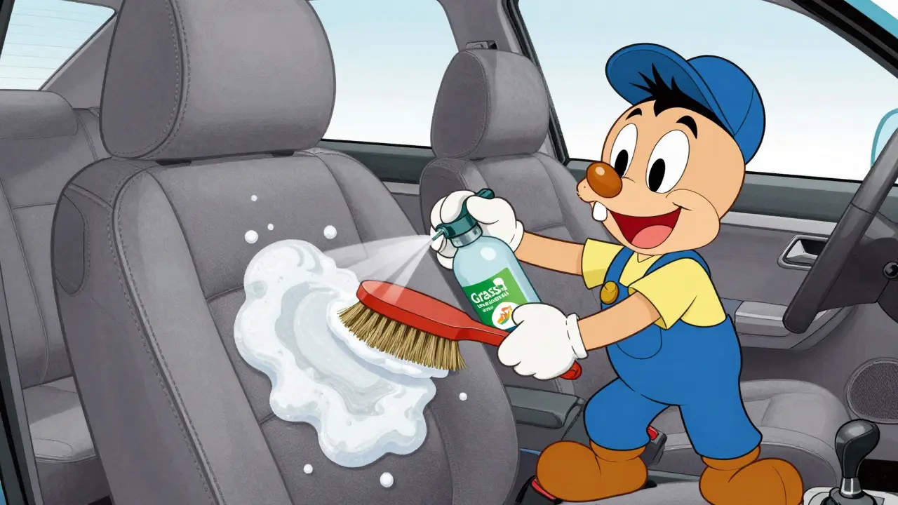 Механик распыляет очиститель на тканевый салон с мягкой щеткой.