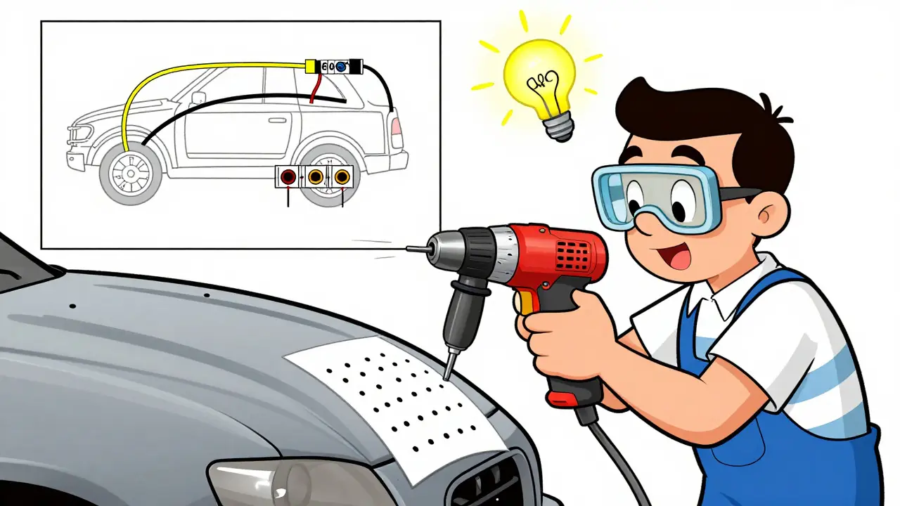 Механик сверлит отверстия в бампере по шаблону, рядом лежат инструменты и схема подключения проводов к лампе заднего хода.