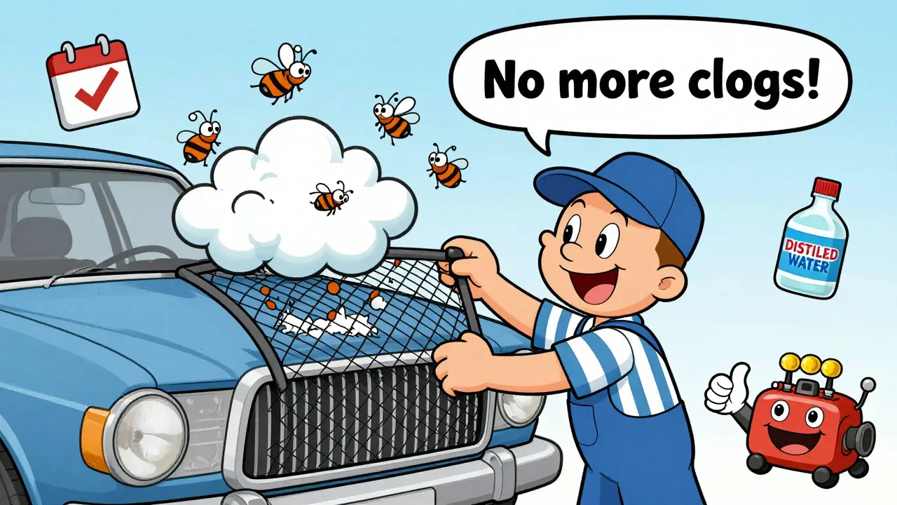 Механик устанавливает сетку перед радиатором, насекомые и пух отскакивают, как от батута