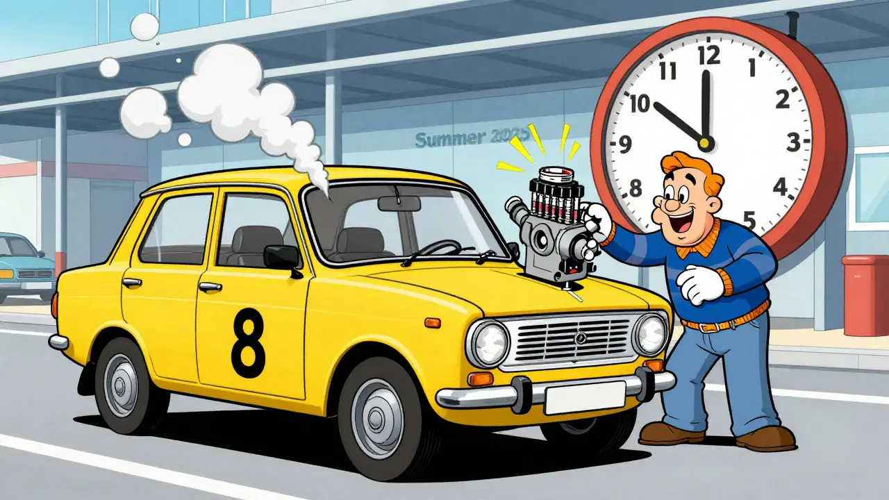 Moskvich 8 with turbo engine effects and engineer adjusting transmission