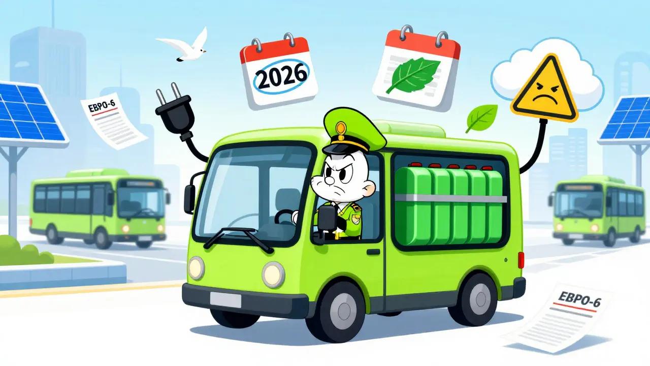 Нервный водитель в маленьком электробусе с аккумулятором и летающими документами о лицензии и экологических стандартах.