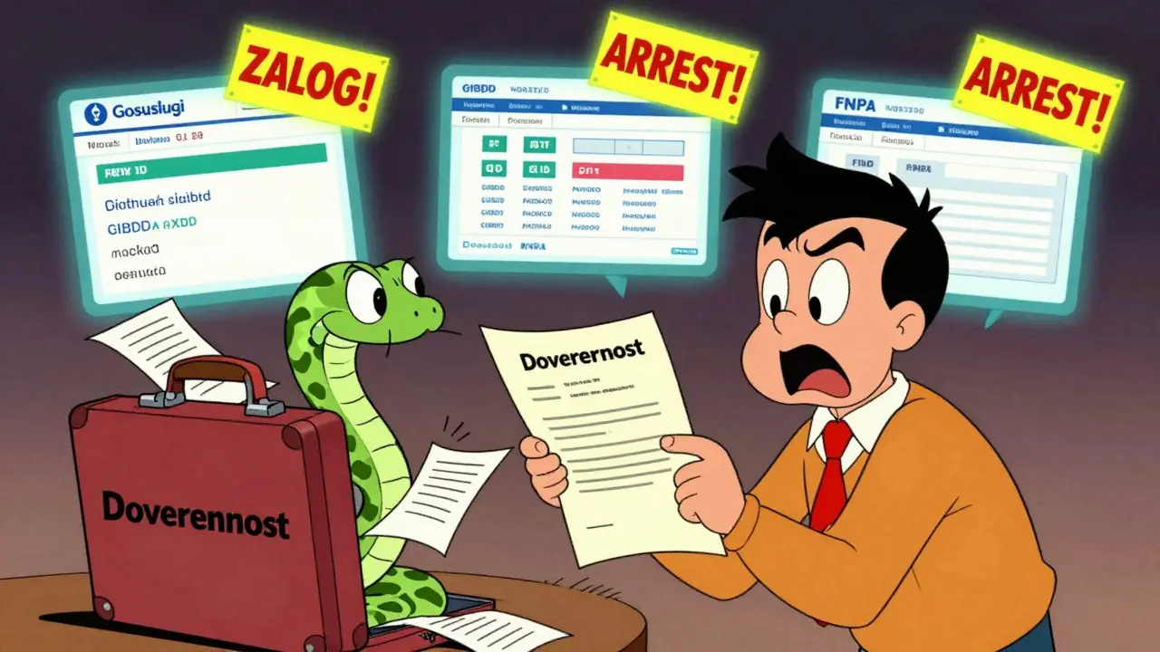 Покупатель смотрит на три экрана с противоречивыми данными, из чемодана ползёт змея из документов.