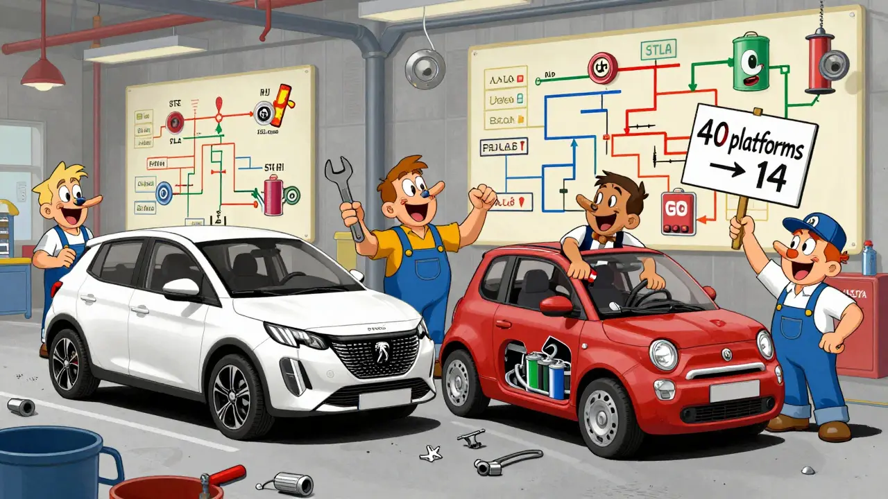 Рабочие из разных стран собирают один электромобиль, используя общие платформы STLA, с улыбающимися логотипами брендов вокруг.