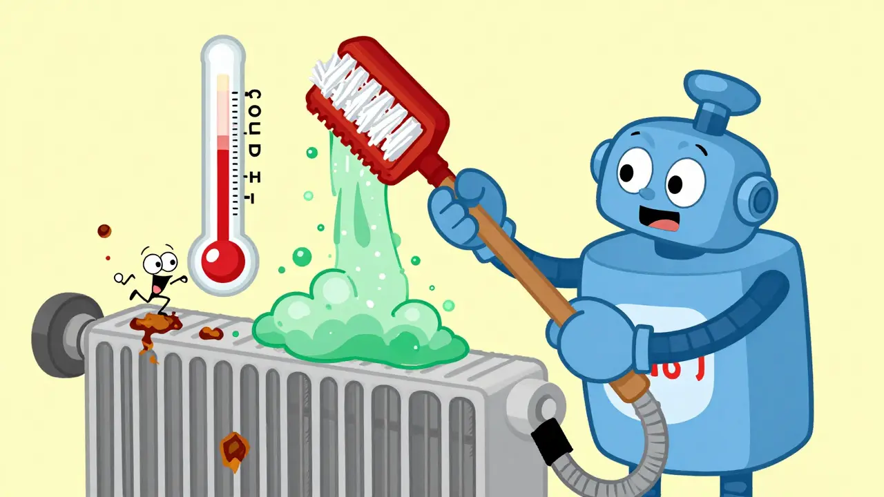 Робот-сантехник чистит радиатор щеткой, а грязь убегает в трубах, термометр показывает нормальную температуру