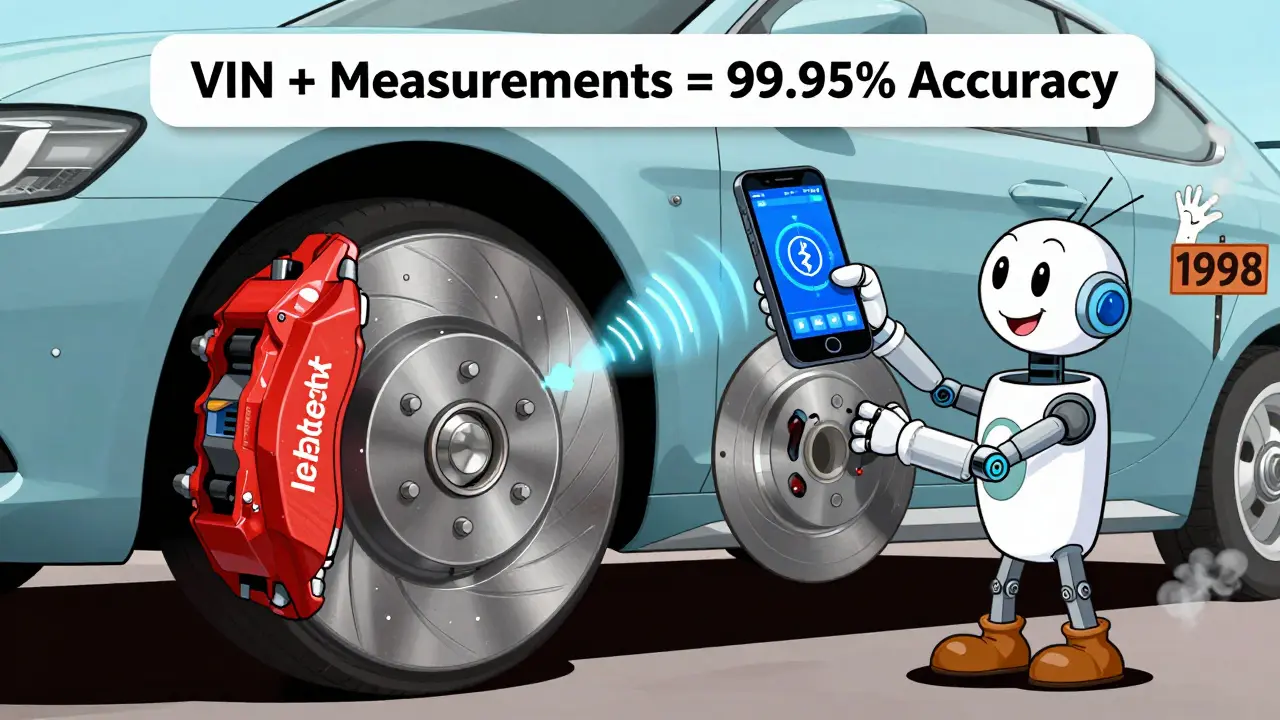 Робот устанавливает идеальный тормозной диск, Bluetooth-датчик передаёт данные на телефон, надпись: 'VIN + размеры = 99,95% точности'.