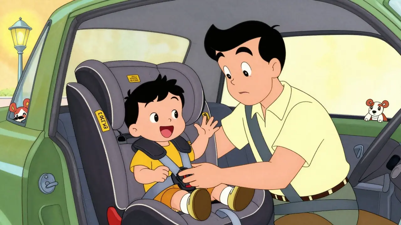 Родитель устанавливает сертифицированное детское кресло в такси, ребенок пристегивается.