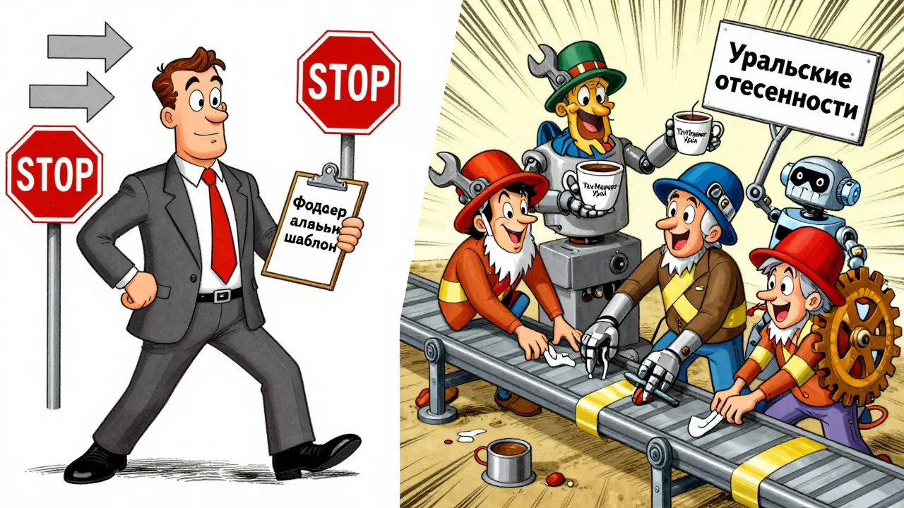 Сравнение федерального офиса и уральской команды дистрибьюторов в мультяшном стиле
