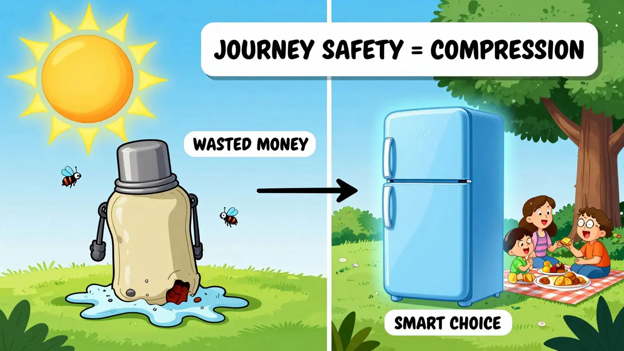 Сравнение: испорченная еда в термосумке слева и безопасные продукты в компрессорном холодильнике справа.