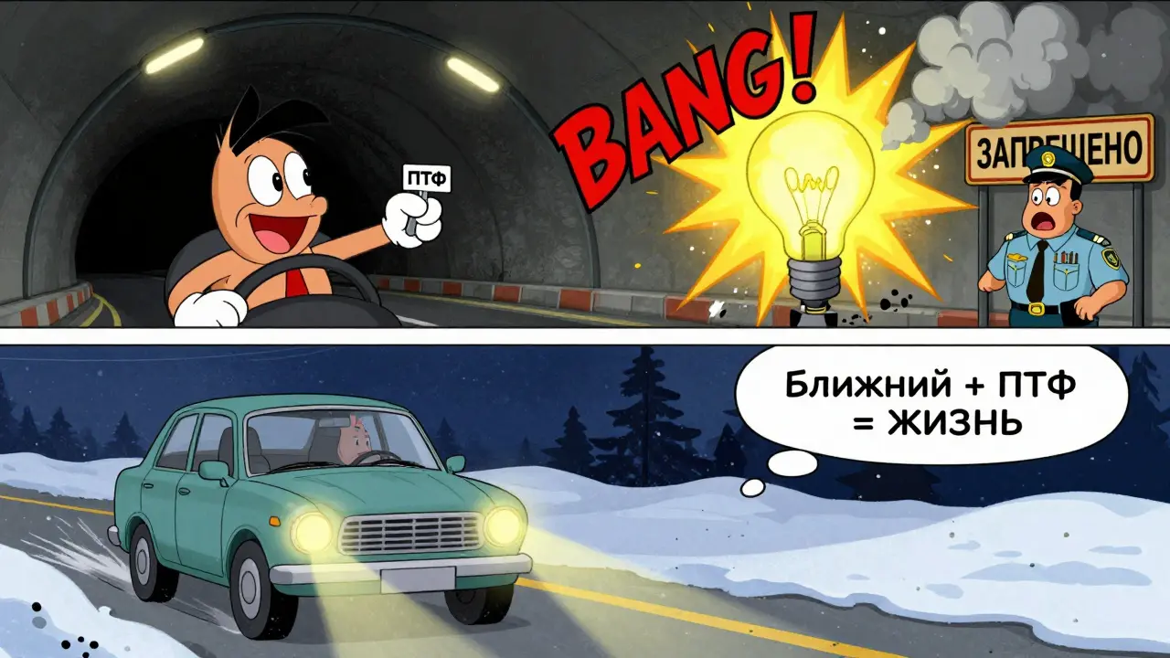 Сравнение: машина в тоннеле с запрещенными ПТФ и машина в снегу с правильным освещением.