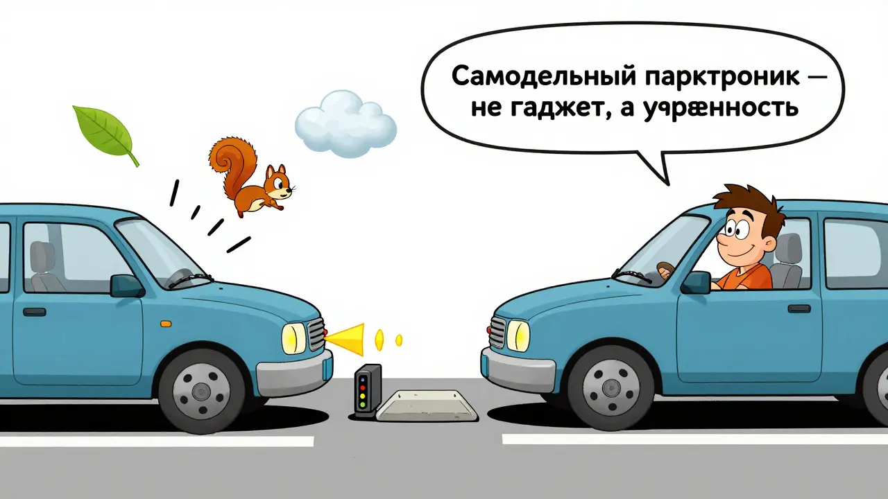Сравнение: слева — парктроник ложно срабатывает на листьях и белке, справа — корректно реагирует только на бордюр, водитель улыбается.