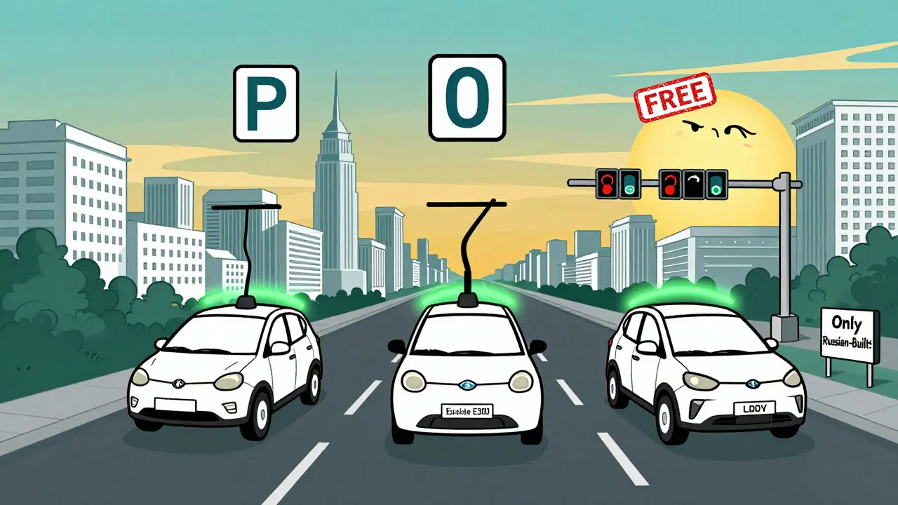 Три российских электромобиля едут по городу с символами бесплатной парковки, нулевого налога и бесплатных дорог.