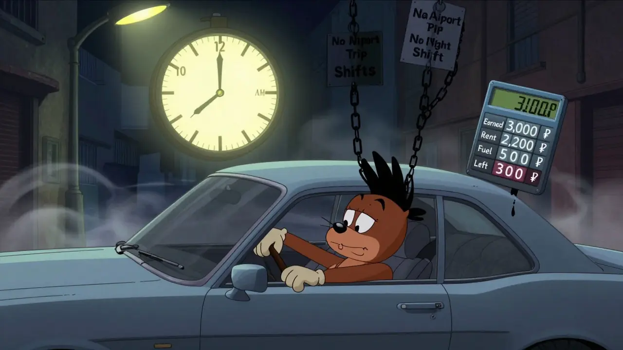 Уставший водитель в машине смотрит на калькулятор, показывающий маленький остаток после расходов, вокруг — ограничения.