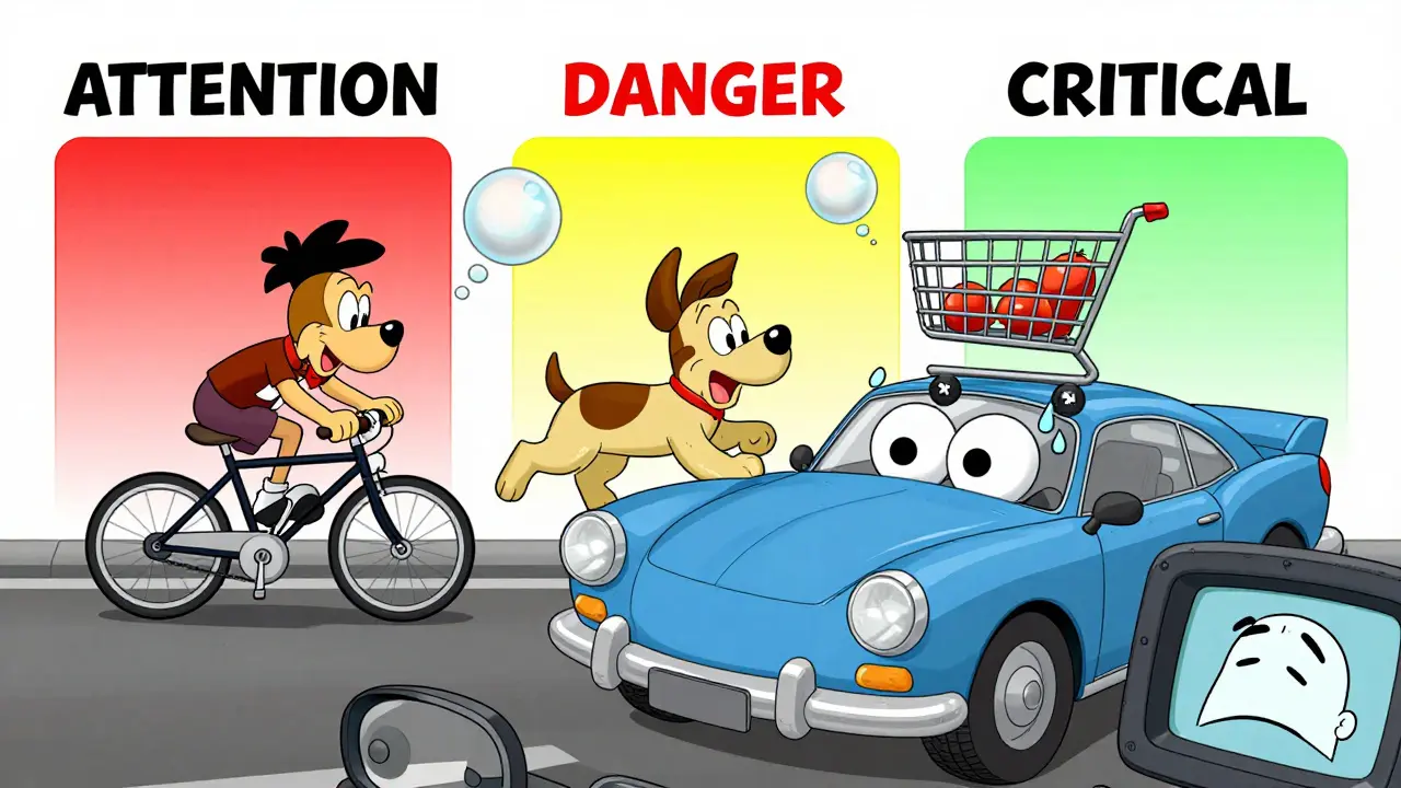 Автомобиль резко тормозит перед неожиданными препятствиями, над ним всплывают предупреждающие зоны.