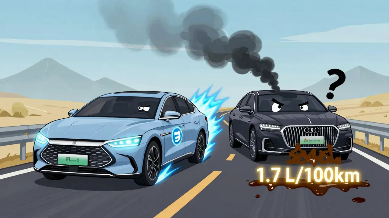 BYD Han DM-i speeding on highway with glowing battery, while Chery Fulwin A8L sputters smoke behind it.