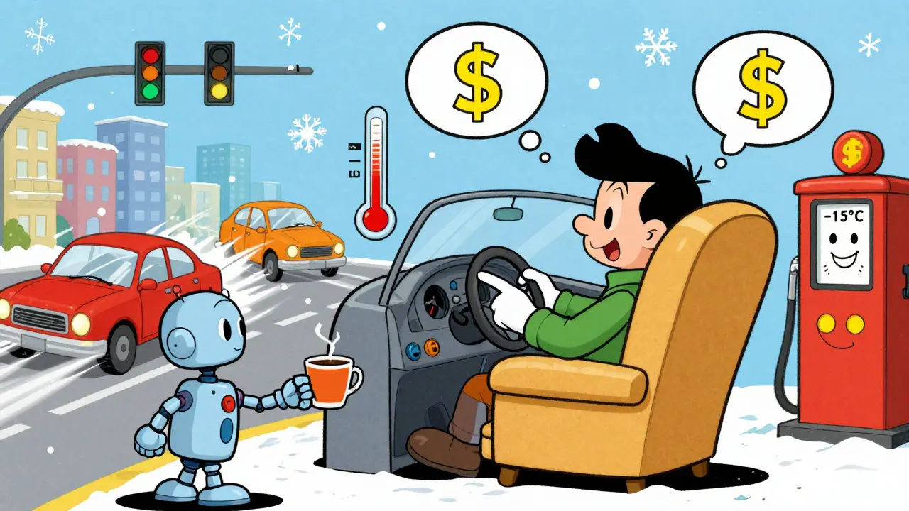 Driver calmly using ECO mode in hybrid car, with floating thermometer showing cold weather and savings in dollar signs.
