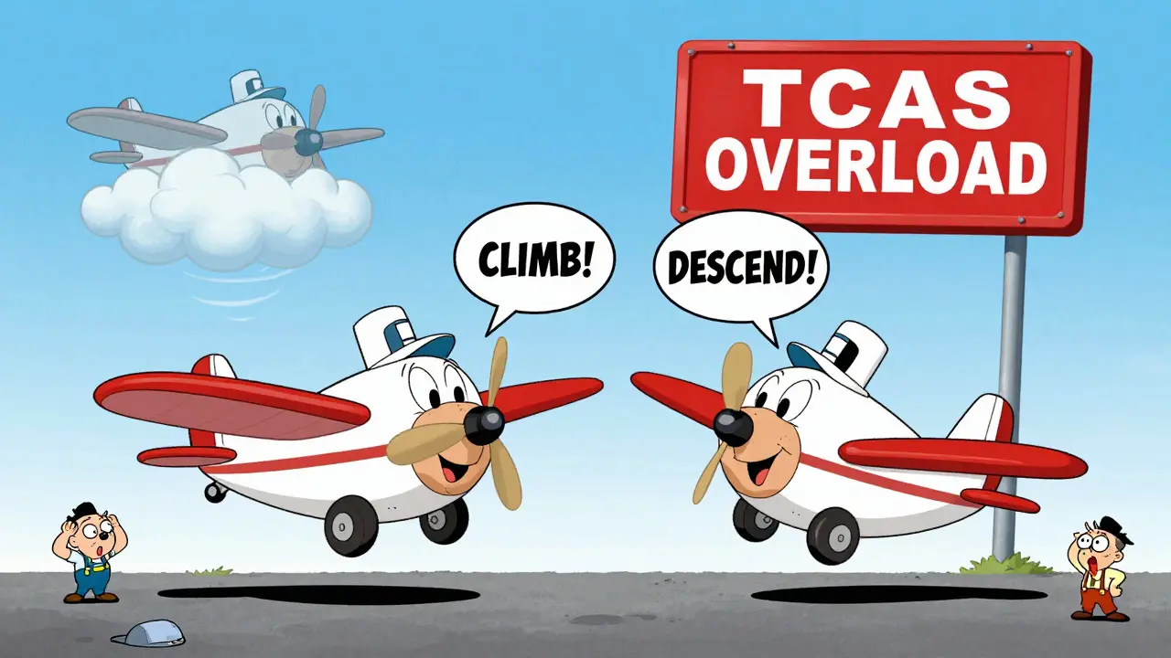 Два самолета получают противоречивые команды, третий самолет скрыт за облаком.