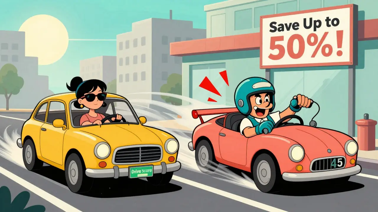 Два водителя: спокойный с высоким баллом и агрессивный с низким, рядом — знак скидки до 50%.