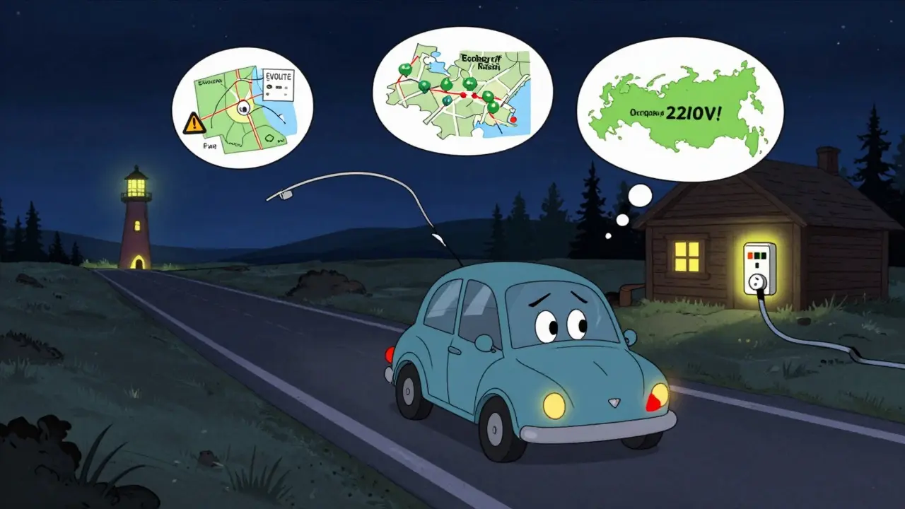 Электромобиль в Сибири ночью, зарядка на минимуме, вдалеке — розетка как маяк, в воздухе — карты и предупреждения.