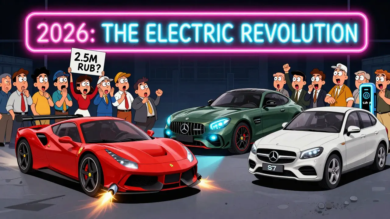 Ferrari Elettrica, Mercedes-AMG GT XX, and GAC S7 in a cartoon auto show showdown