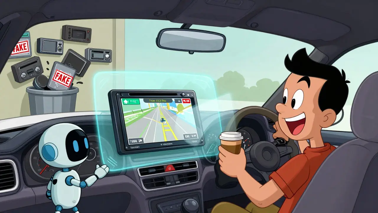 Футуристическая магнитола проецирует навигацию на лобовое стекло, а рядом с ней в корзину падают поддельные устройства с надписью 'FAKE'.