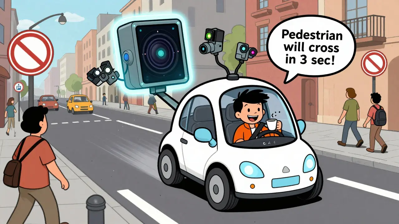 GAC S9 with autonomous driving tech navigating a European city, AI predictions floating as thought bubbles