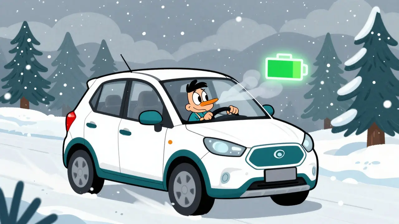 Карикатура электромобиля на заснеженной дороге зимой