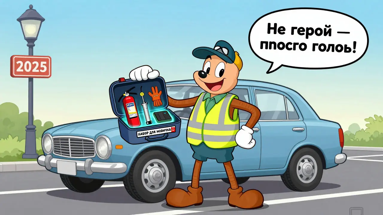 Компактный набор для новичка-водителя: огнетушитель, жилет, компрессор, перчатки и блок питания.