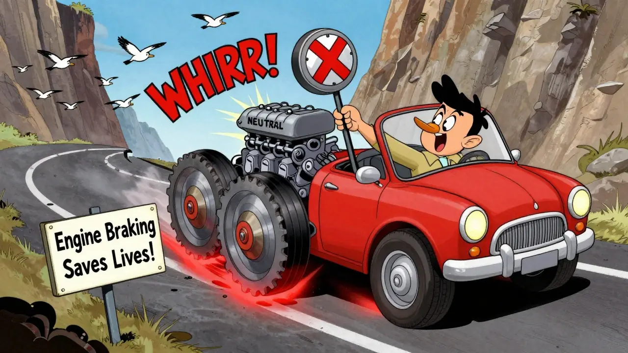 Машина спускается с горы, двигатель тормозит, а нейтральная передача отмечена крестом.