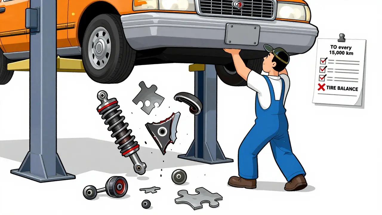 Механик осматривает разрушенную подвеску такси на подъёмнике.