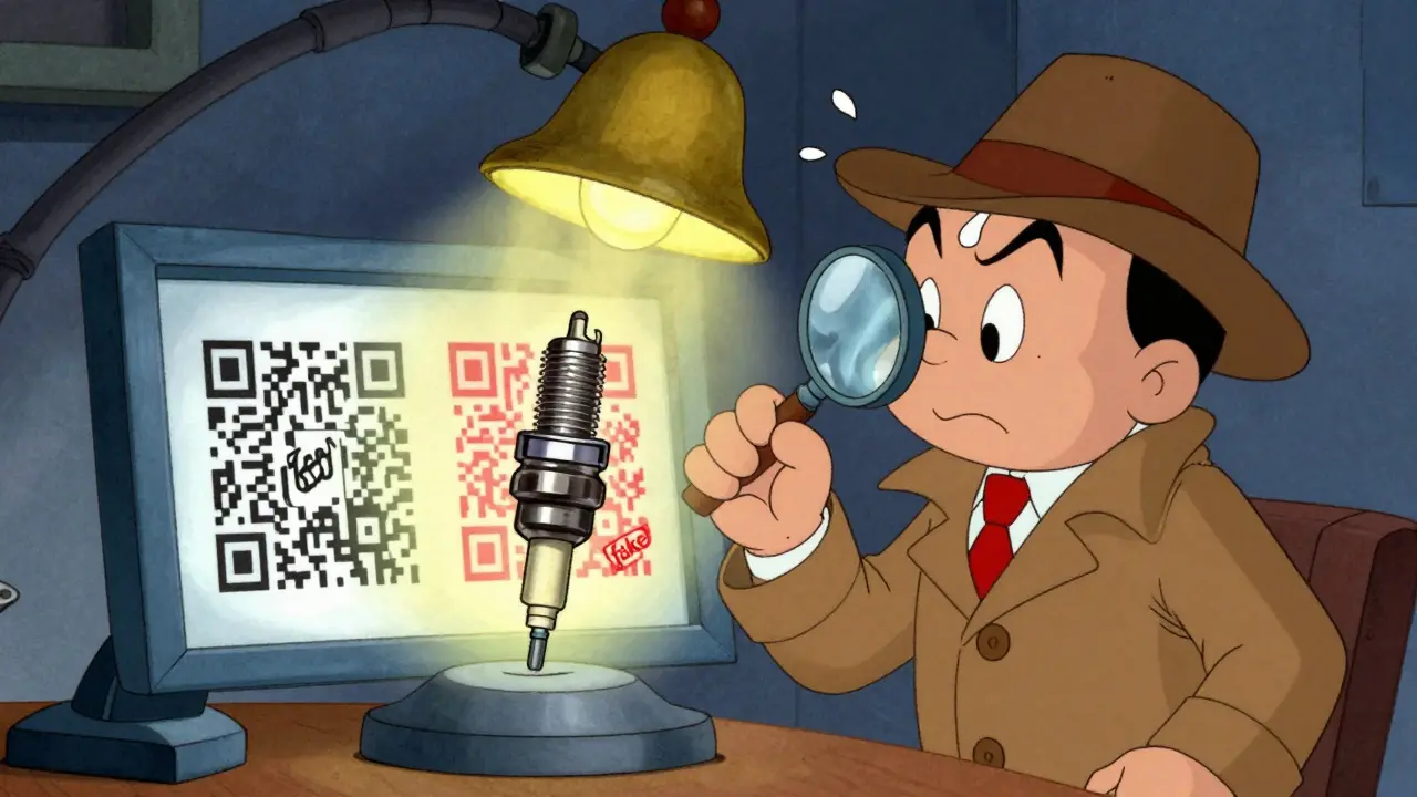 Механик проверяет свечу зажигания с увеличительным стеклом, обнаруживая подделку по QR-коду.