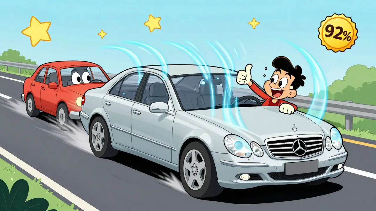 Mercedes E-Class активирует PRE-SAFE: ремни тянут, окна закрываются, руль поднимается.