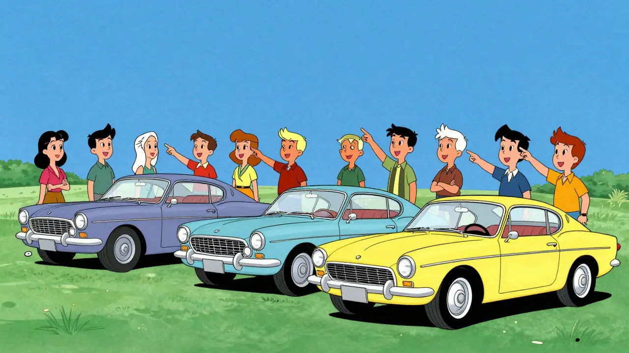 Молодые люди осматривают классические машины на парковке