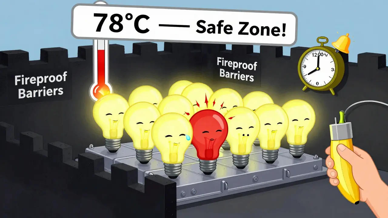 Мультяшная батарея электромобиля с улыбающимися ячейками, одна из них перегревается, вокруг — защитные барьеры и часы, показывающие время ночи.