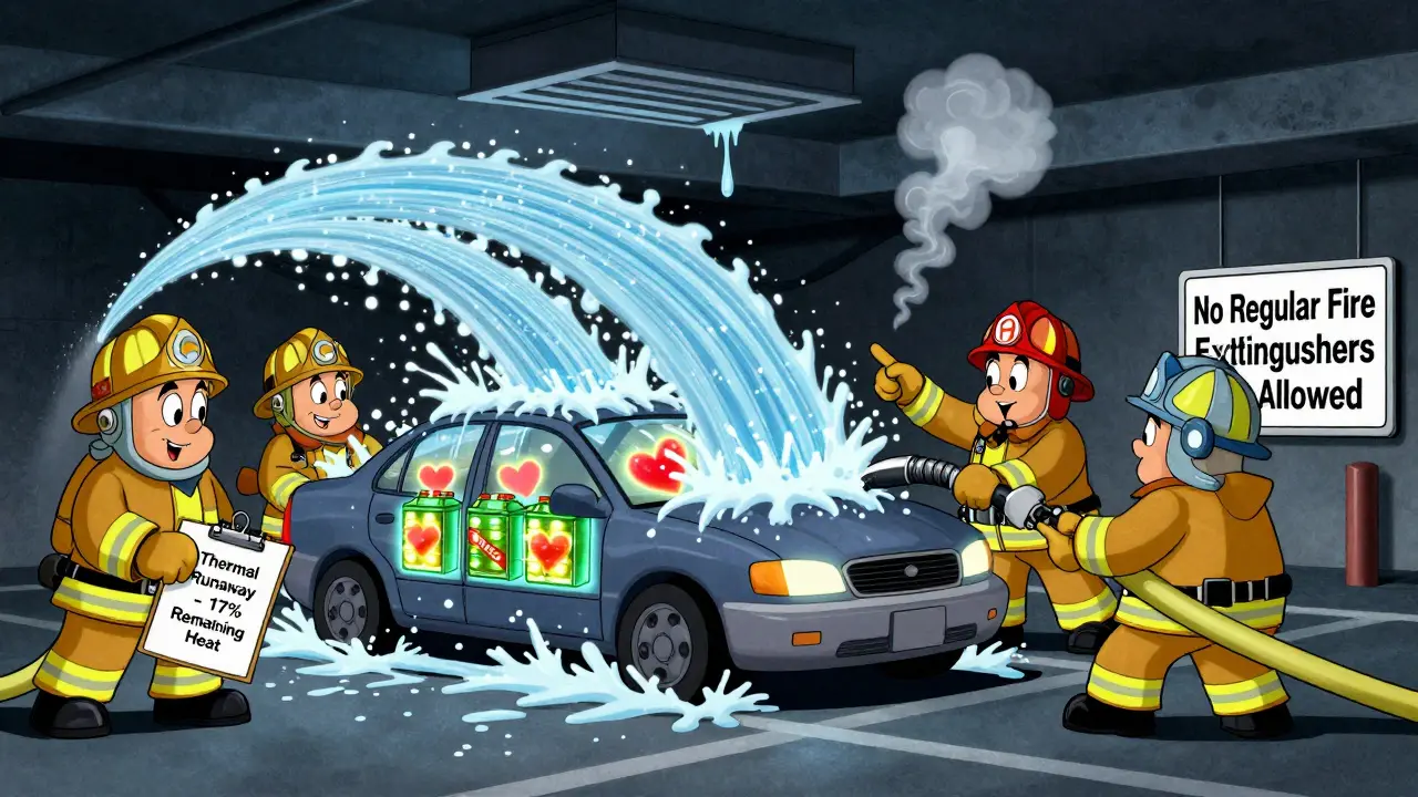 Мультяшные пожарные тушат электромобиль в подземном паркинге водой из гигантского шланга, внутри батареи светятся опасные ячейки.