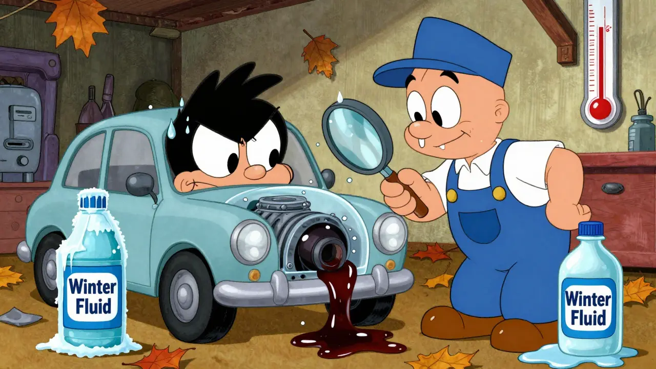 Мультяшный механик проверяет тормозную жидкость и антифриз в осеннем гараже, бутылки с жидкостями визуализированы как живые.