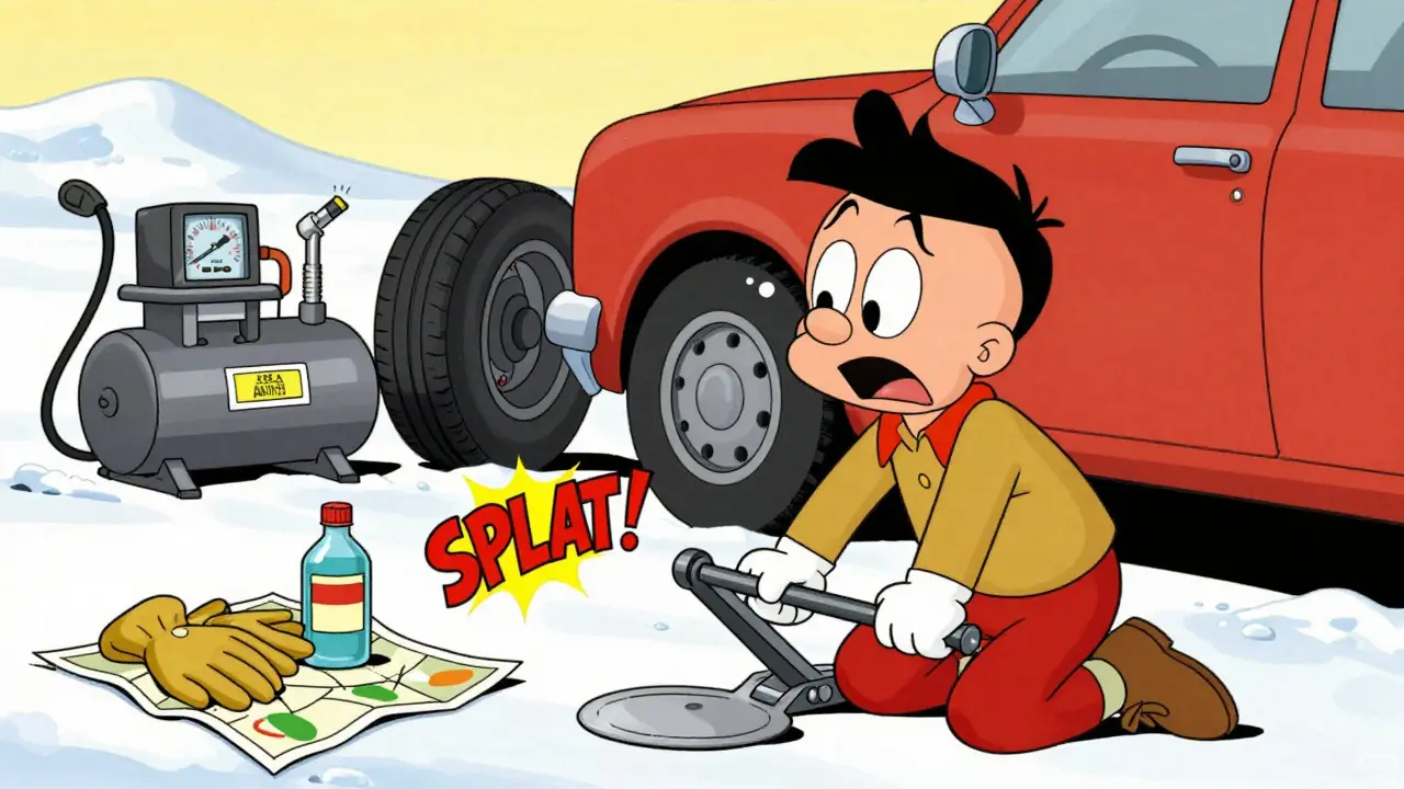 Новичок меняет колесо на снегу, использует домкрат и опорную плиту, рядом — компрессор.