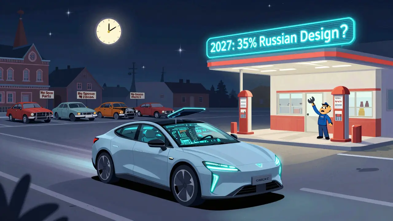 Omoda C7 мчится мимо заброшенной АЗС, механик беспомощно машет гаечным ключом