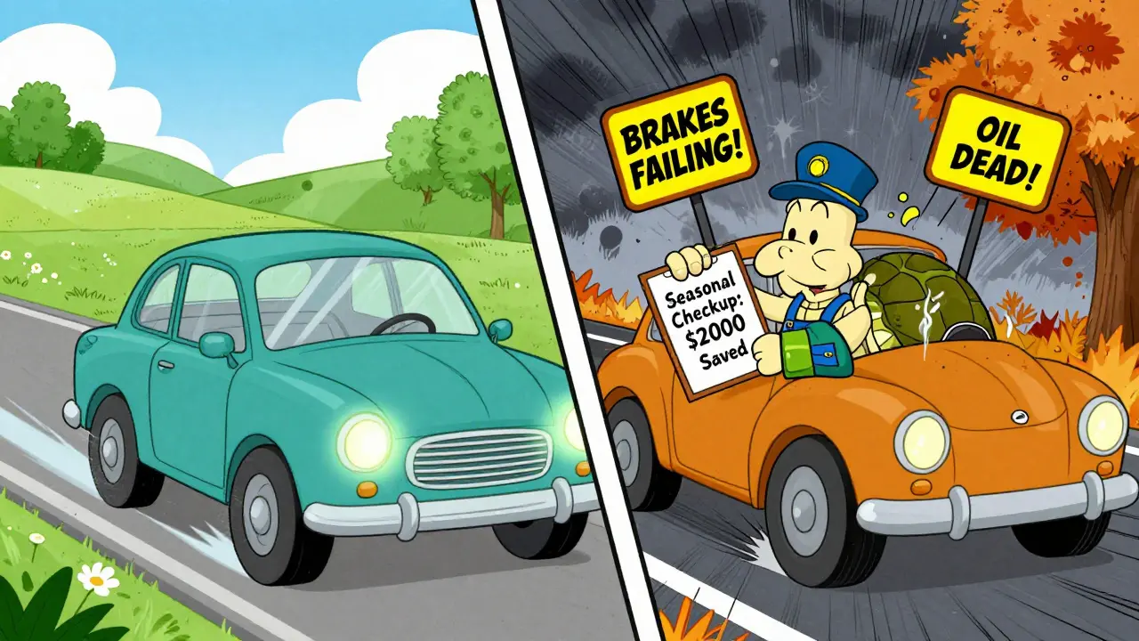 Разделённая сцена: машина весной в порядке и осенью в панике, рядом с механиком-черепахой и табличкой о сохранении денег.