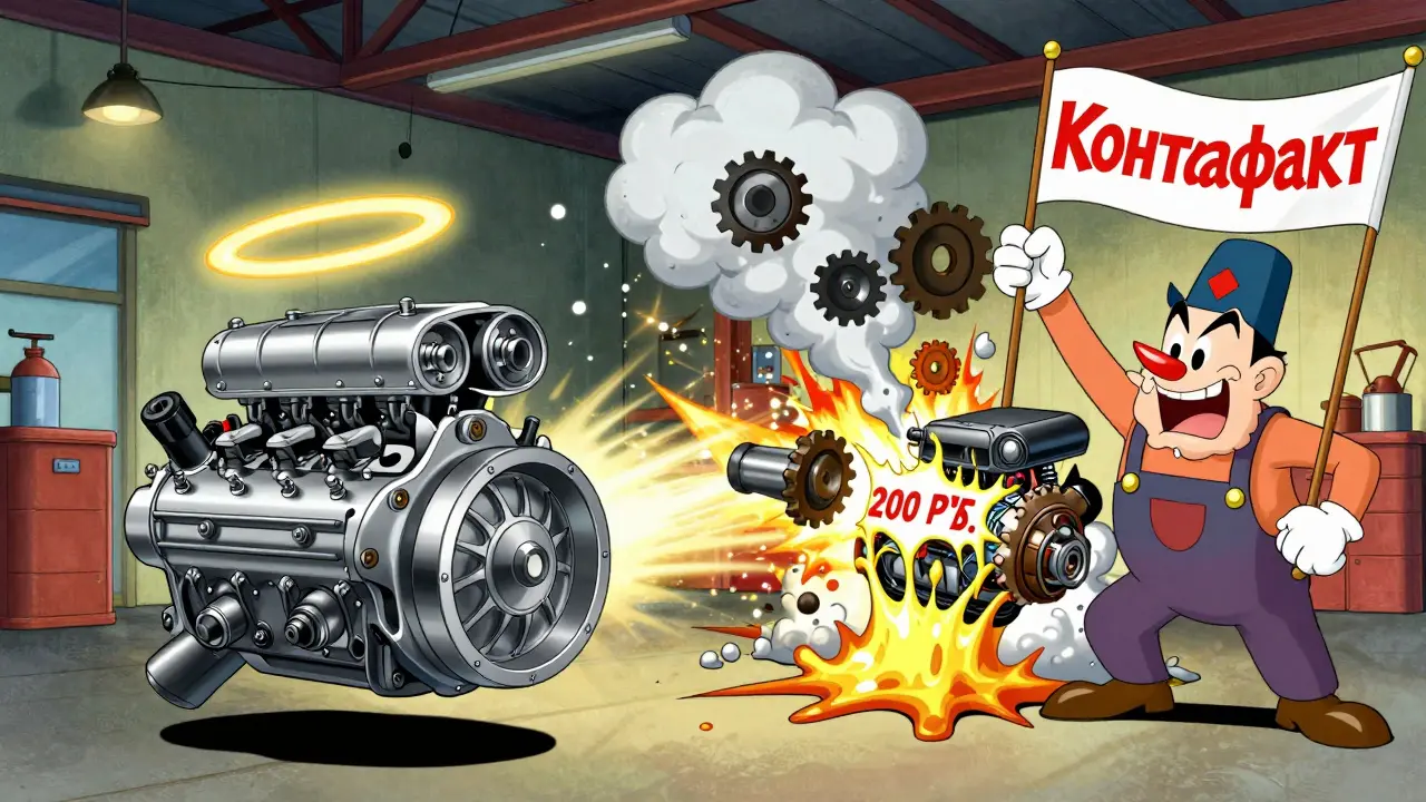 Разделённая сцена: оригинал работает идеально, подделка вызывает взрыв двигателя в мультяшном стиле.