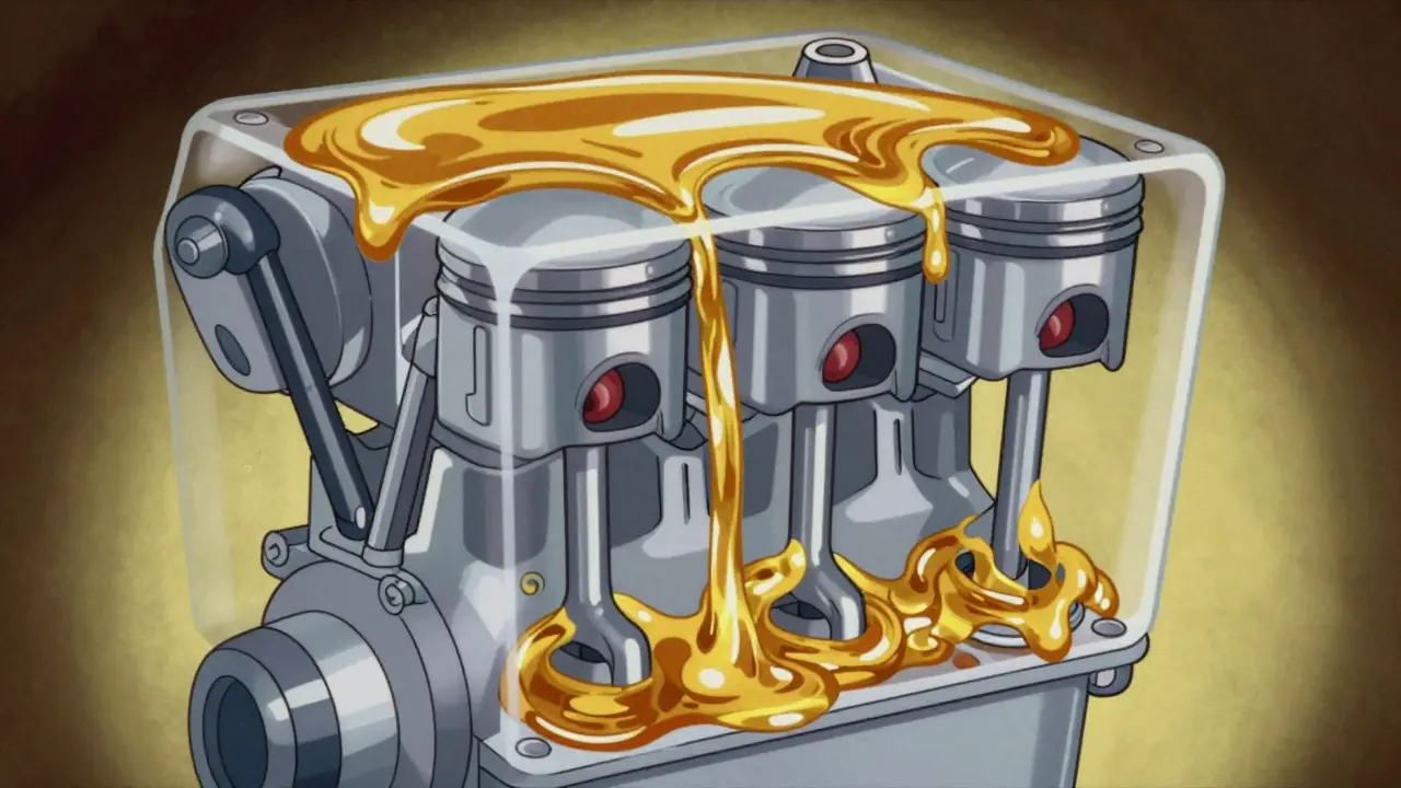 Разрез двигателя с протекающим золотым маслом в мультфильме